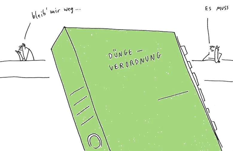 Skizze eines Buches, das die Düngeverordnung repräsentiert. Linke Person mit dem Spruch "Bleib mir weg" , rechte Person mit dem Spruch "Es muss".