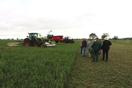 Mneschen auf einem Feld mit mehreren Landmaschienen