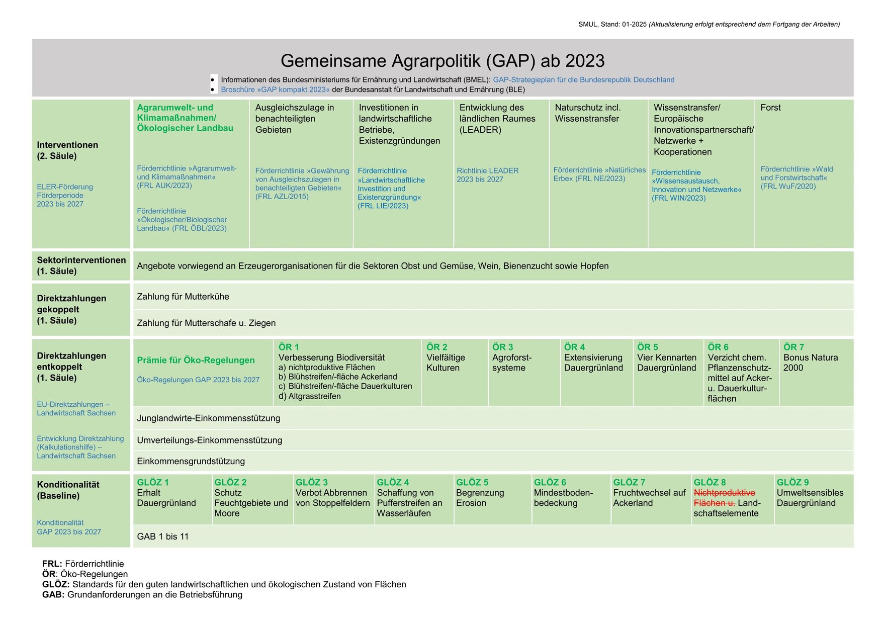 Tabelle mit einer Übersicht über die Maßnahmen der Gemeinsamen Agrarpolitik (GAP) ab 2023