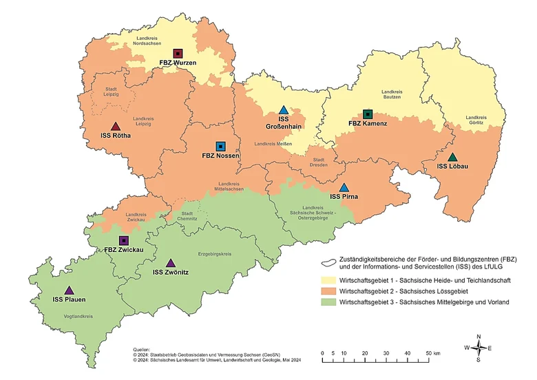 Die Karte zeigt die Verteilung der Wirtschaftsgebiete in Sachsen
