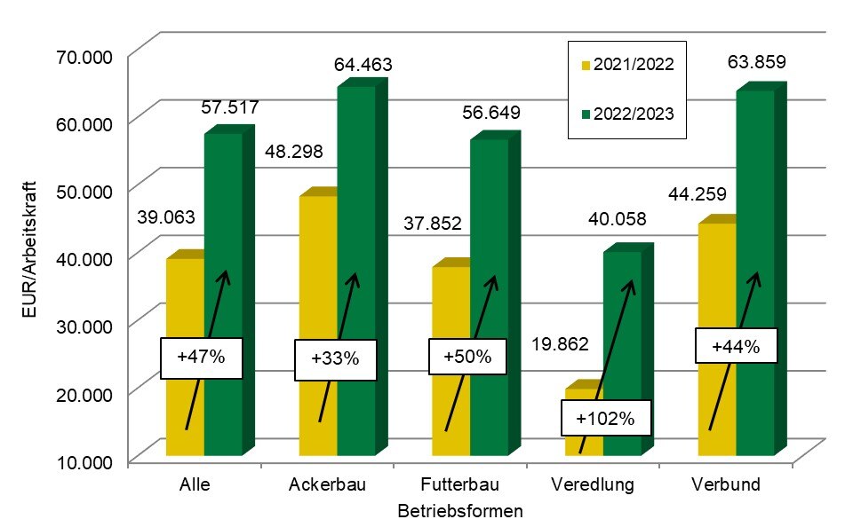 Vergleich der Betriebsformen. Bestes Ergebnis bei den Veredlungbetrieben (+102%) auf 40.058 Euro/Arbeitskraft.
