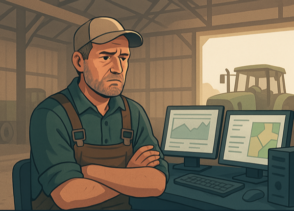 Bauer sitzt im Büro vor PC