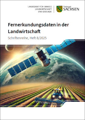 KI-generierte Grafik eines Feldes mit Bodenbearbeitungsmaschine, darüber schwebt Satellit, im Hintergrund der Erdkugel im Weltall