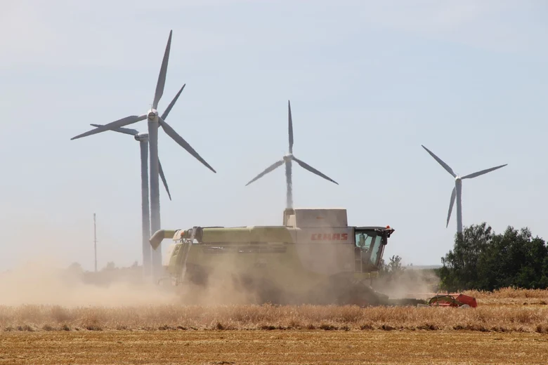 Mähdrescher bei Getreideernte, im Hintergrund Windräder
