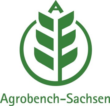 Eine Getreideähre, oben mit dem Buchstaben A und von einem Kreis umgeben, darunter der Schriftzug Agrobench-Sachsen, grün auf weißem Grund
