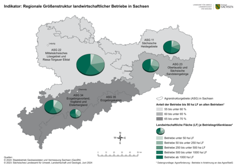 Betriebe bis 50 ha Fläche stellen 63% aller Betriebe und bewirtschaften rund 7% der Fläche in Sachsen. Beim Ackerland liegt deren Anteil bei 4% und beim Grünland bei 15%. Im Süden stellt die Gruppe fast 70% der Betriebe und auf 10% der Fläche.