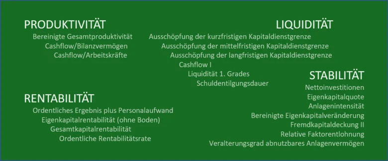 Wichtige Kennzahlen zur Vergleichbarkeit von Produktivität, Luquidität, Rentabilität und Stabilität werden hier benannt.