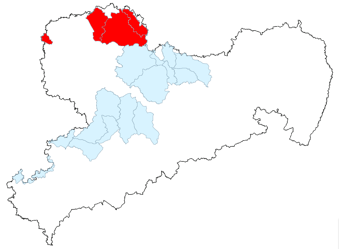 Sachsenkarte mit teilweiser Darstellung der Grundwasserkörper, rot markiert die in schlechtem Zustand