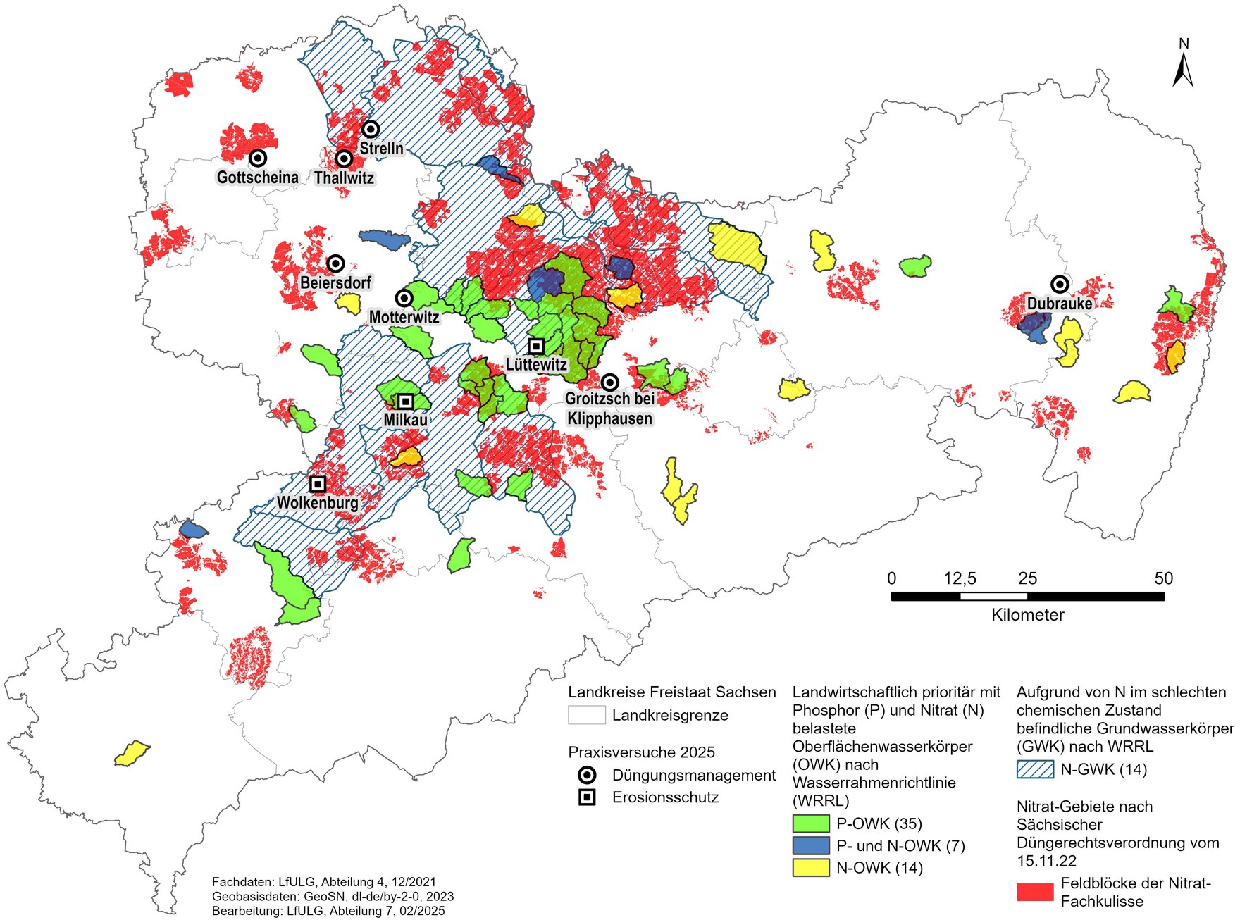 Basiskarte von Sachsen mit nitratbelasteten und eutrophierten Gebieten und Standorte der Praxisversuche in 2025