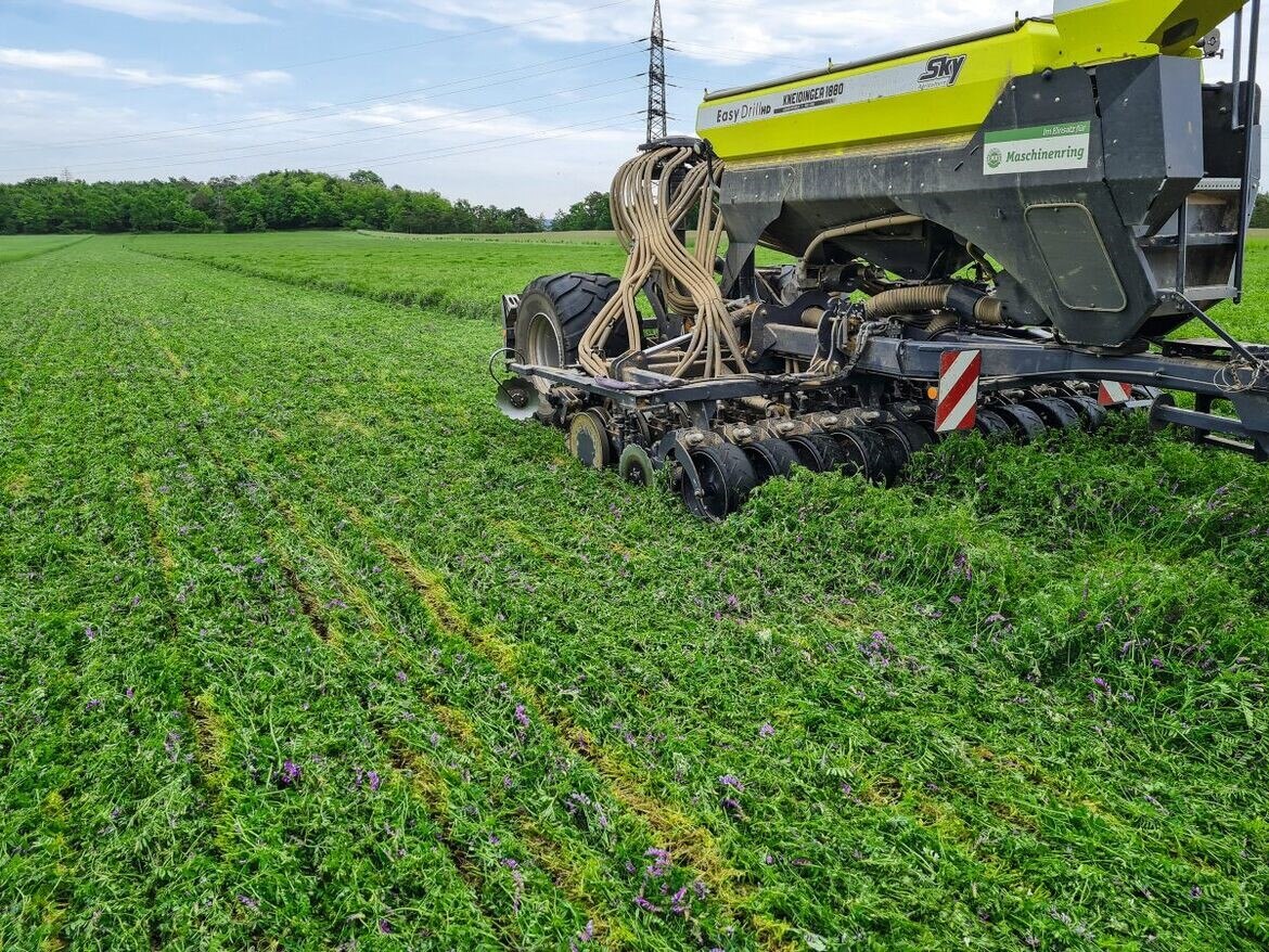 Traktor bei Direktsaat im Planting Green