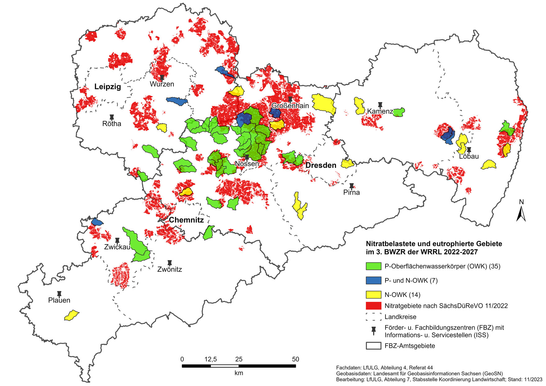 Karte mit den landwirtschaftlich nitrat- und phosphorbelasteten Gebiete in Sachsen. 