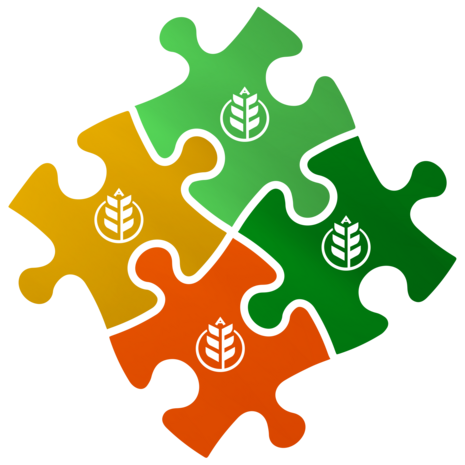 Vier Puzzleteile in verschiedenen Farben sind miteinander verbunden.
