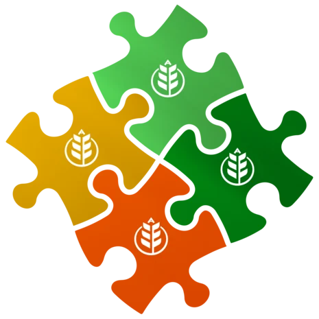 Vier miteinander verbundene Puzzleteile