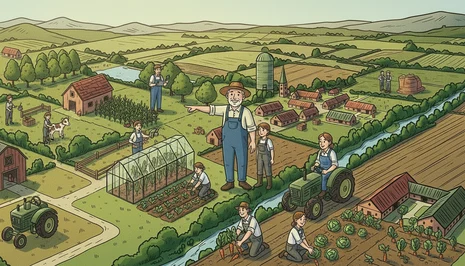 Wimmelbild Landschaft aus der Luft mit arbeitenden Menschen