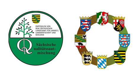 Logo Sächsische Qualitätssaatmischungen und Wappenkranz der beteiligten Bundesländer