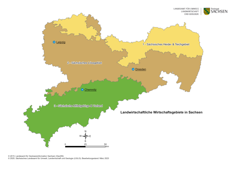 Die Karte zeigt Verteilung der Wirtschaftsgebiete in Sachsen.