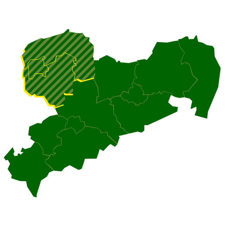 Das Bild zeigt eine Karte mit den Umrissen des Freistaat Sachsen. Hervorgehoben sind die Landkreise Nordsachsen und Leipzig sowie die Stadt Leipzig.