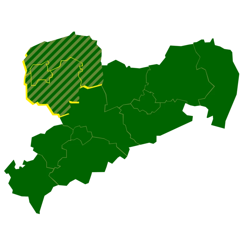 Das Bild zeigt eine Karte mit den Umrissen des Freistaat Sachsen. Hervorgehoben sind die Landkreise Nordsachsen und Leipzig sowie die Stadt Leipzig.