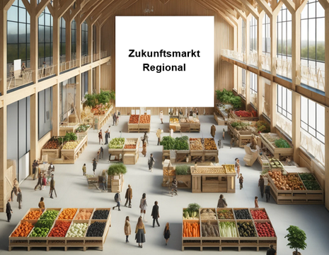 Das Bild zeigt eine von KI generierte Markthalle mit einzelnen Personen beim einkaufen.