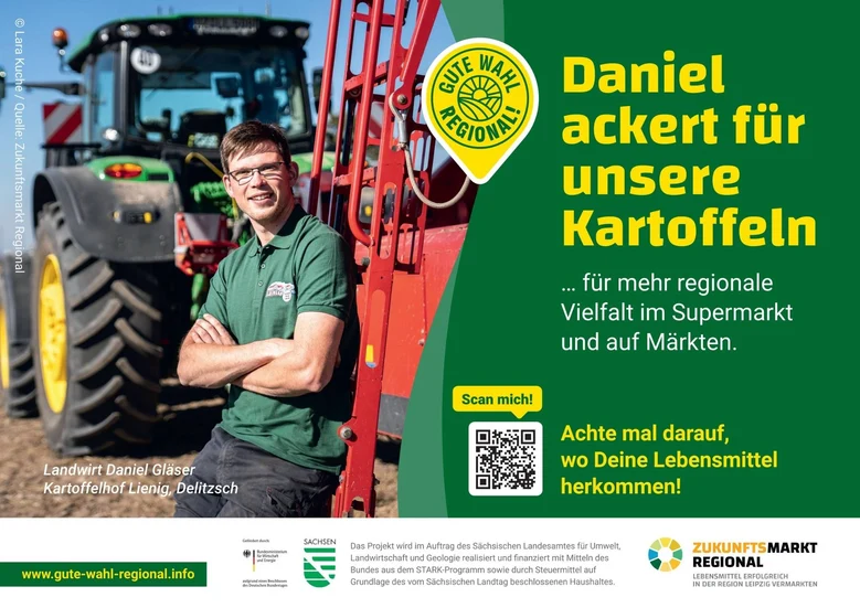 Ein Plakatmotiv der Kampagne Gute Wahl Regional. Es zeigt einen jungen Landwirt vor seinem Traktor.