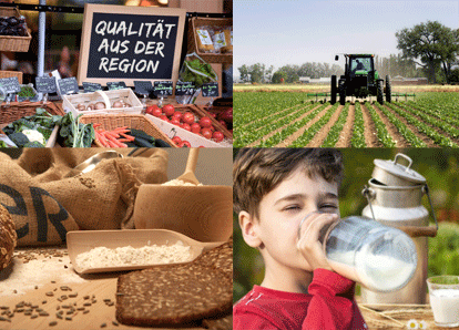 Eine Collage aus verschiedenen Bildern: Ein Feld, verschiedenes Gemüse und Getreide, ein Junge der ein Glas Milch trinkt. 