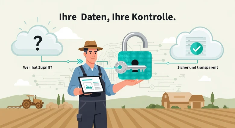 Symbolbild: Landwirt mit visualisiertem Datentransfer in die Cloud